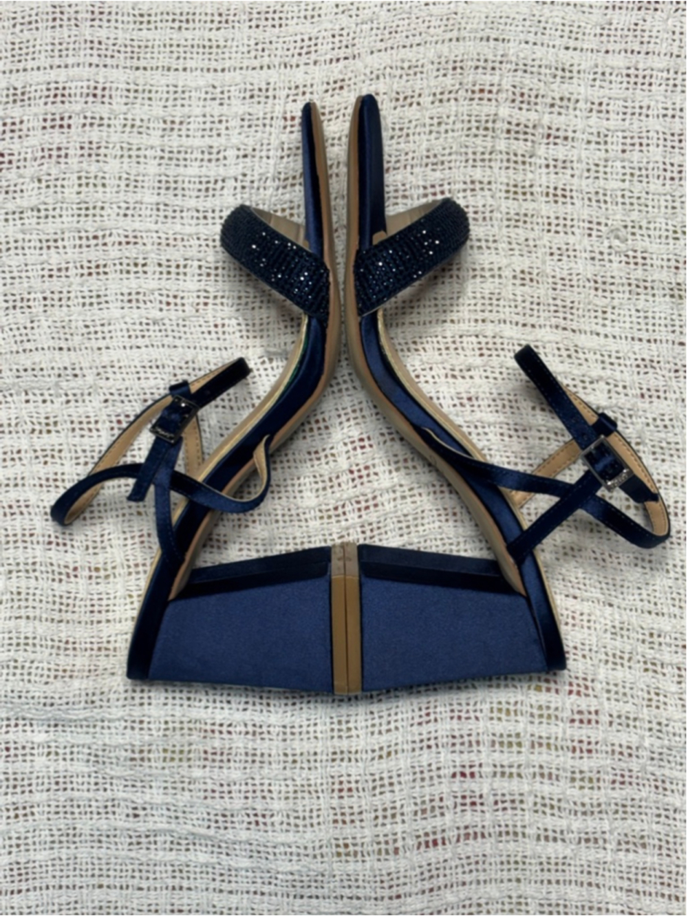 Jewel Badgley Mischka Strappy Navy Satin Rhinestone Block Heel SZ 7 Formal Party - Picture 4 of 11